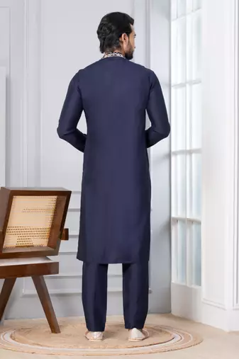 Blue Blended Cotton kurta pyjama set
