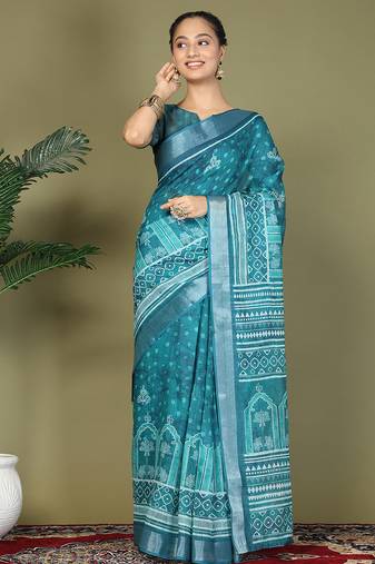 Sea green printed cotton ready-to-wear saree with pocket inner lining