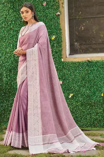 Lavender linen cotton saree with intricate woven border contrast pallu soft lightweight traditional drape tasselsari