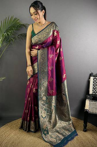 Rani pink silk blend woven butta weaving banarasi saree with zari border