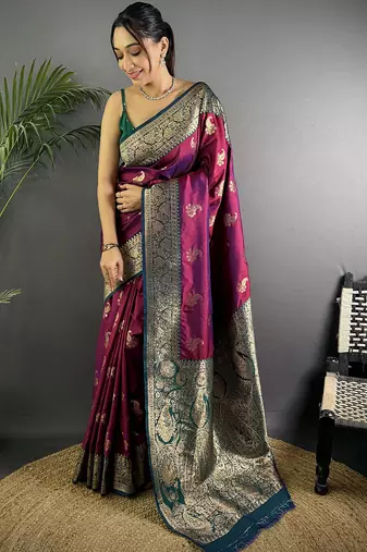 Rani pink silk blend woven butta weaving banarasi saree with zari border