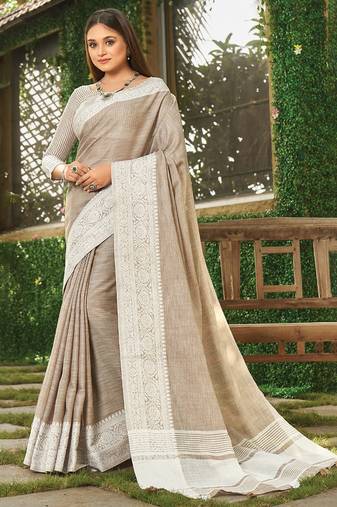 Beige linen cotton saree with intricate woven border contrast pallu