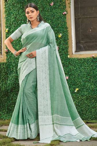 Sea green linen cotton saree with intricate woven border contrast pallu