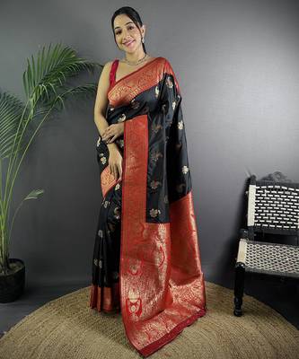 Black silk blend woven butta weaving banarasi saree with zari border 1