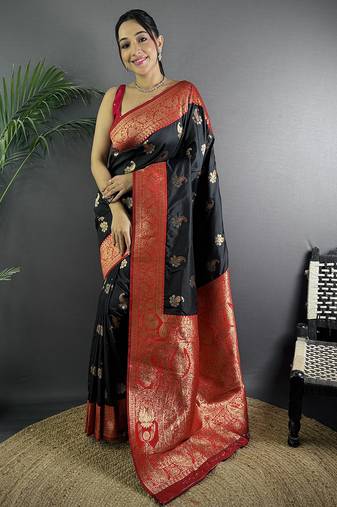 Black silk blend woven butta weaving banarasi saree with zari border