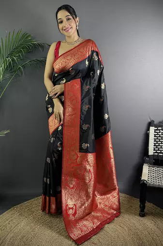 Black silk blend woven butta weaving banarasi saree with zari border
