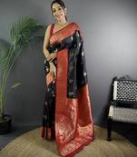 Black silk blend woven butta weaving banarasi saree with zari border