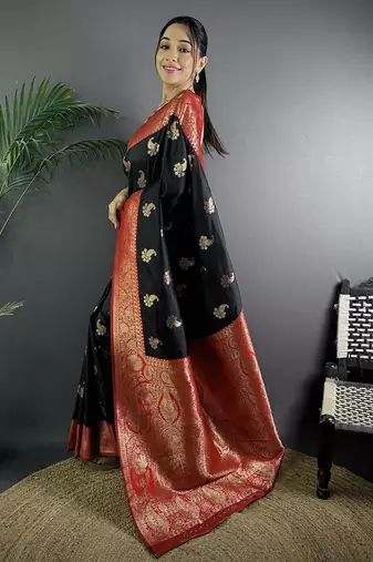 Black silk blend woven butta weaving banarasi saree with zari border