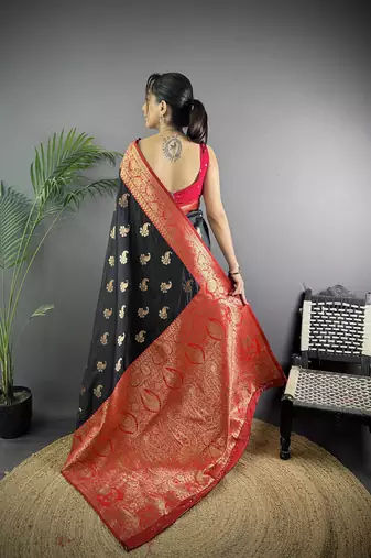 Black silk blend woven butta weaving banarasi saree with zari border