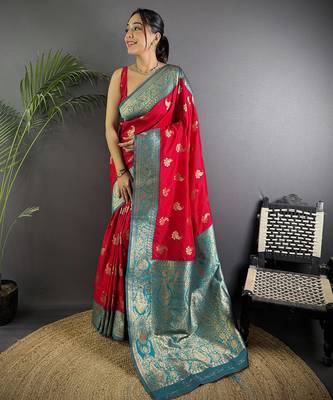 Red silk blend woven butta weaving banarasi saree with zari border 1