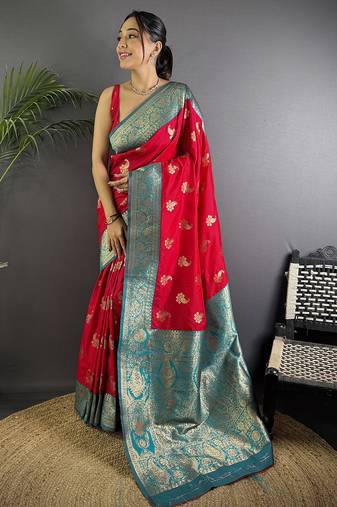 Red silk blend woven butta weaving banarasi saree with zari border