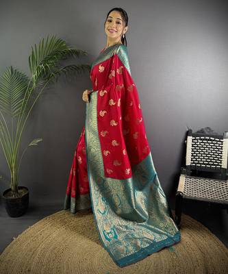 Red silk blend woven butta weaving banarasi saree with zari border 2