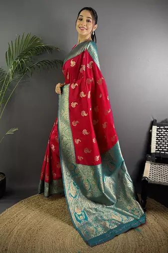 Red silk blend woven butta weaving banarasi saree with zari border