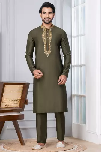 Green Blended Cotton kurta pyjama set