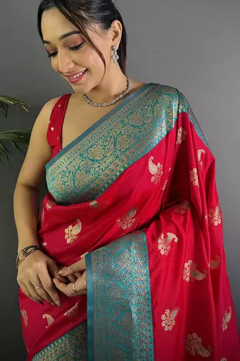 Red silk blend woven butta weaving banarasi saree with zari border