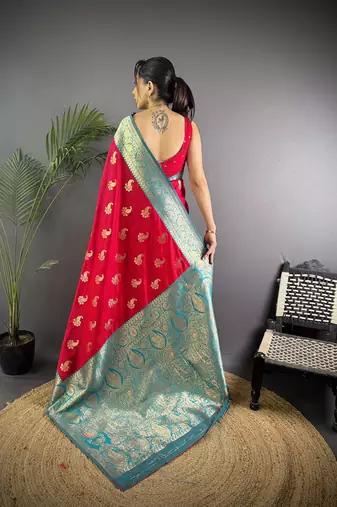 Red silk blend woven butta weaving banarasi saree with zari border