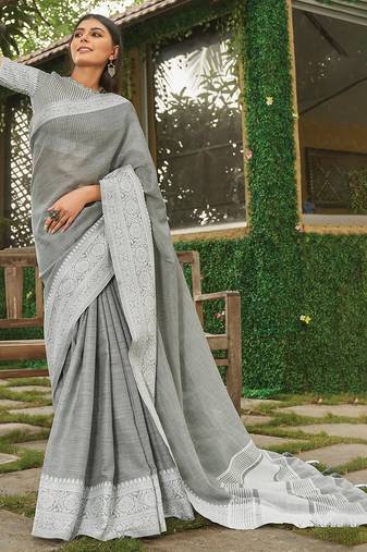 Grey linen cotton saree with intricate woven border contrast pallu
