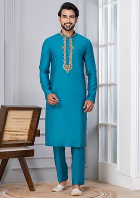 Blue Blended Cotton kurta pyjama set 1