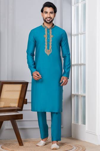 Blue Blended Cotton kurta pyjama set