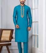 Blue Blended Cotton kurta pyjama set