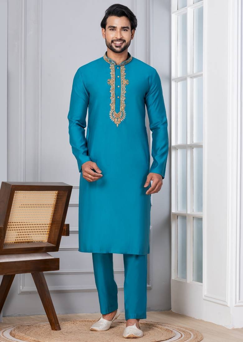 Blue Blended Cotton kurta pyjama set
