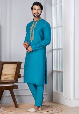 Blue Blended Cotton kurta pyjama set 2