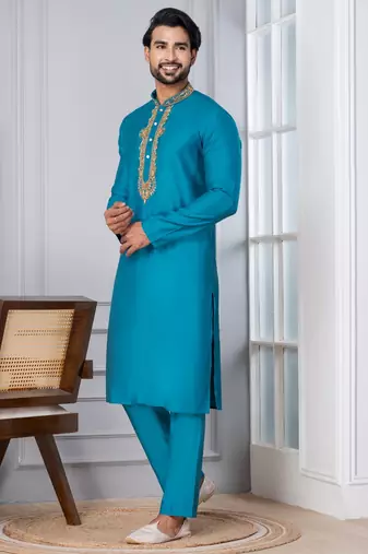 Blue Blended Cotton kurta pyjama set