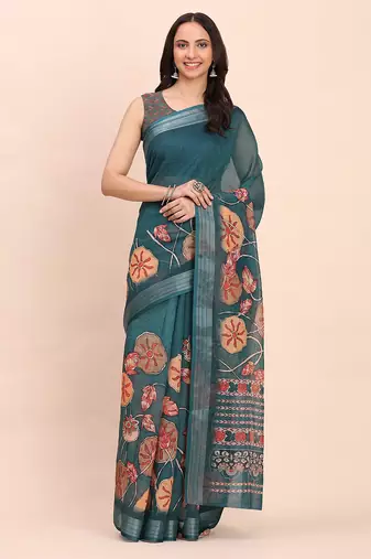 Teal green cotton cotton saree with tribal floral print | bold ethnic design | lightweight casual festive saree