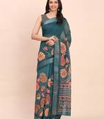 Teal green cotton cotton saree with tribal floral print | bold ethnic design | lightweight casual festive saree