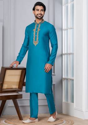 Blue Blended Cotton kurta pyjama set 3