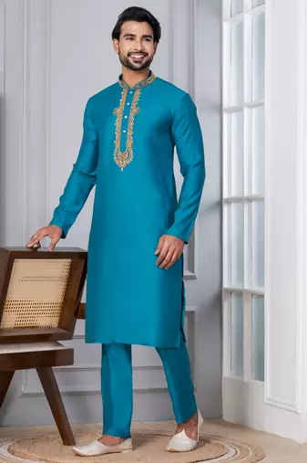 Blue Blended Cotton kurta pyjama set