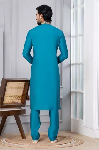 Blue Blended Cotton kurta pyjama set