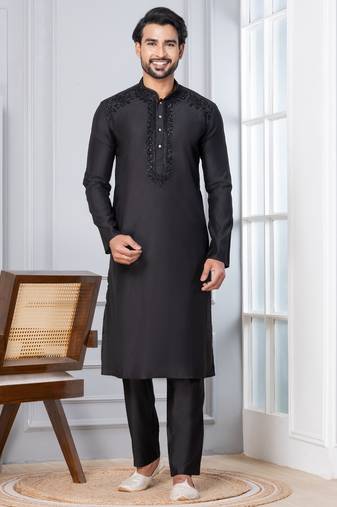 Black Blended Cotton kurta pyjama set