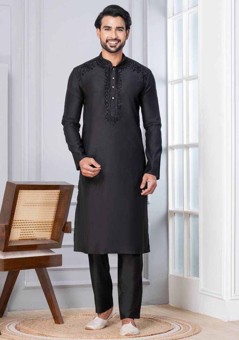 Black Blended Cotton kurta pyjama set