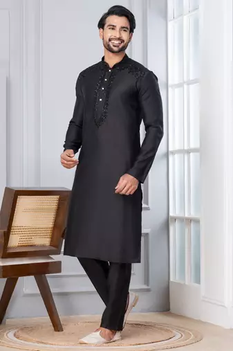 Black Blended Cotton kurta pyjama set