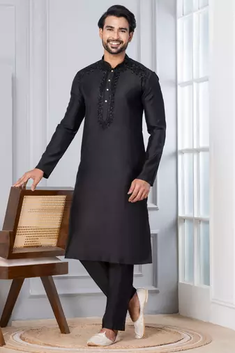Black Blended Cotton kurta pyjama set