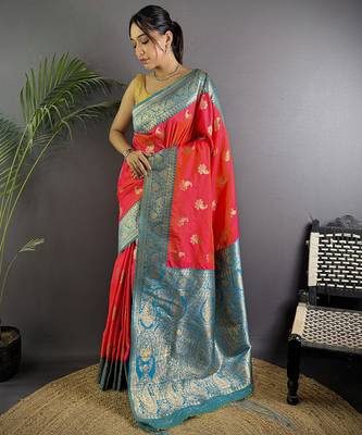 Hot pink silk blend woven butta weaving banarasi saree with zari border 1