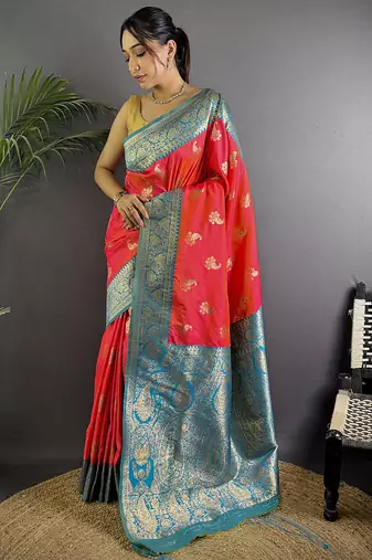 Hot pink silk blend woven butta weaving banarasi saree with zari border