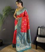Hot pink silk blend woven butta weaving banarasi saree with zari border