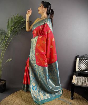 Hot pink silk blend woven butta weaving banarasi saree with zari border 2