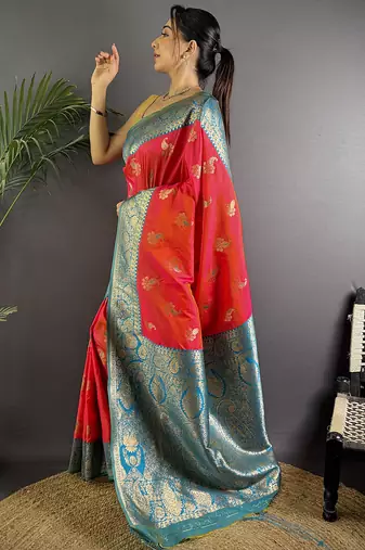 Hot pink silk blend woven butta weaving banarasi saree with zari border