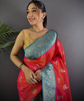Hot pink silk blend woven butta weaving banarasi saree with zari border 3
