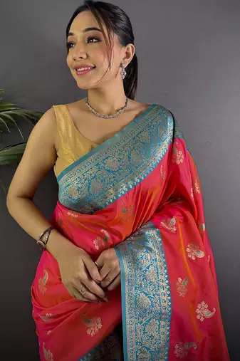 Hot pink silk blend woven butta weaving banarasi saree with zari border