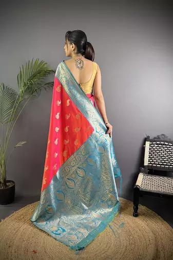 Hot pink silk blend woven butta weaving banarasi saree with zari border