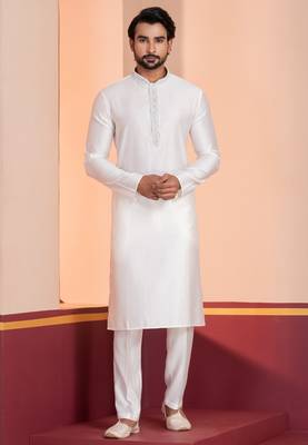 White Blended Cotton kurta pyjama set 1
