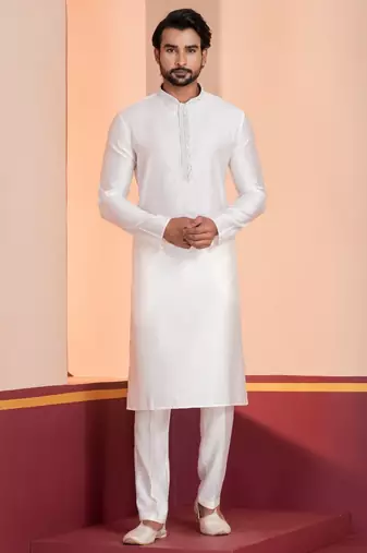 White Blended Cotton kurta pyjama set