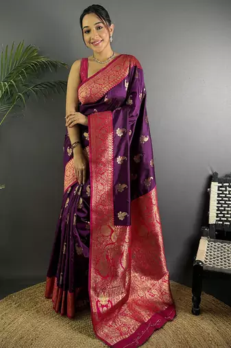 Purple silk blend woven butta weaving banarasi saree with zari border
