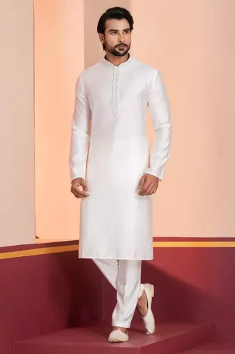 White Blended Cotton kurta pyjama set
