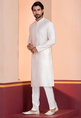 White Blended Cotton kurta pyjama set 3