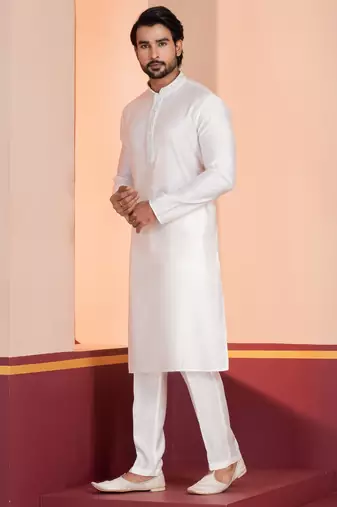 White Blended Cotton kurta pyjama set